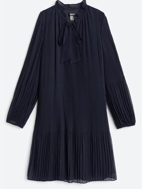 DKNY Navy Pleated Tie-Neck Shift Dress